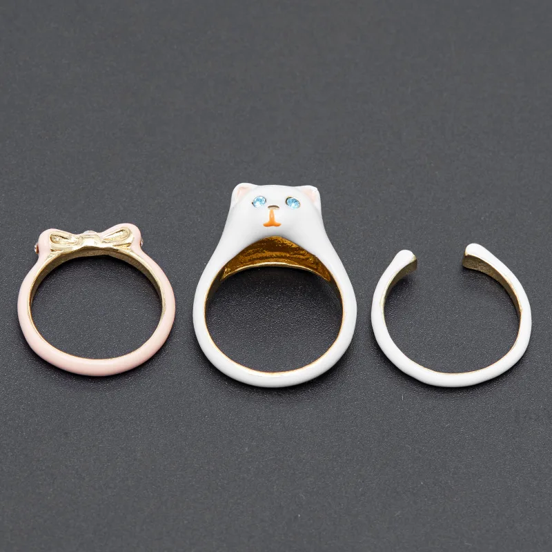 

Sweet Fashion Design Sense Enamel Color Glaze White Kitten Pink Bowknot 3pieces Ring Set Cute Pet Ring for Girlluxury Designer