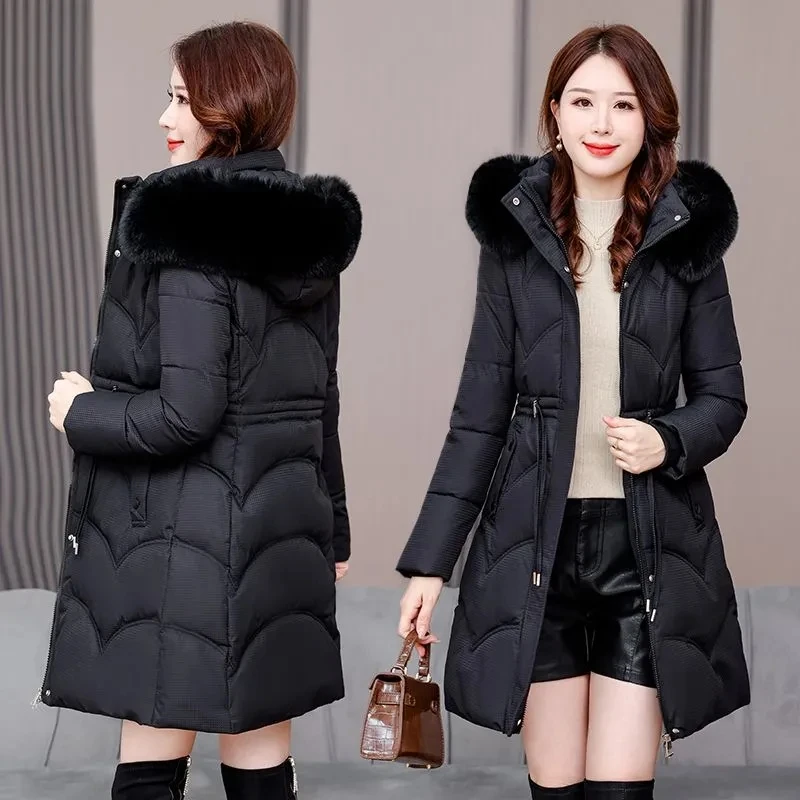 Zimowa ciepła parka damska z futrzanym kołnierzem i kapturem, modna, wygodna, z kieszeniami na zamek, długa kurtka, elegancka, dopasowana, gruba odzież wierzchnia damska.