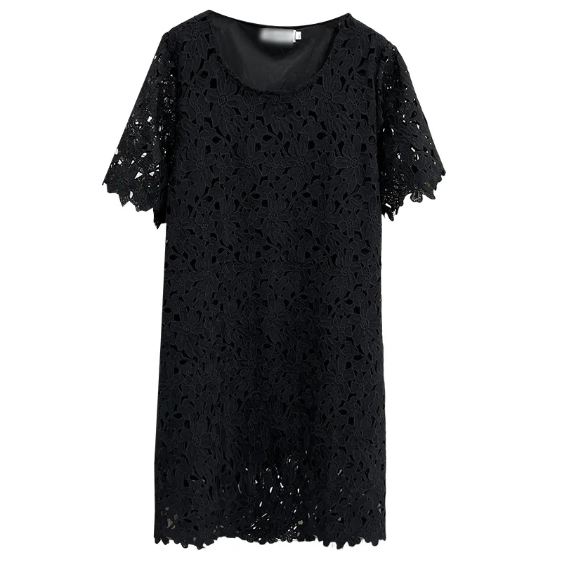 

Летнее платье, новинка 2025 года, модное женское кружевное платье трапециевидной формы с короткими рукавами и вышивкой больших размеров, 100 кг, 1681