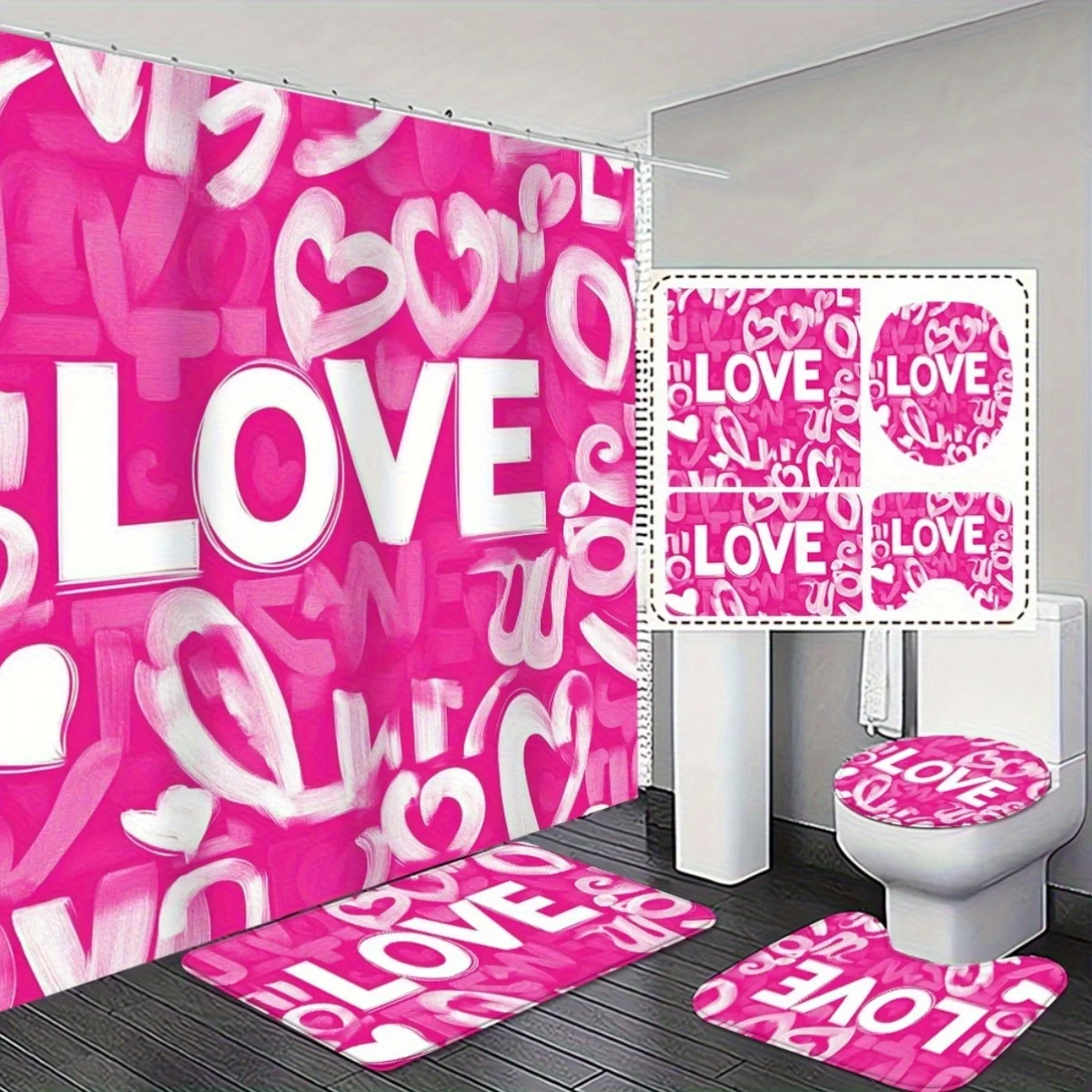 

4шт. Лучший выбор для подарка ко Дню матери — современный простой розовый набор для ванной комнаты с принтом любви — нескользящий водопоглощающий коврик для ванной и
