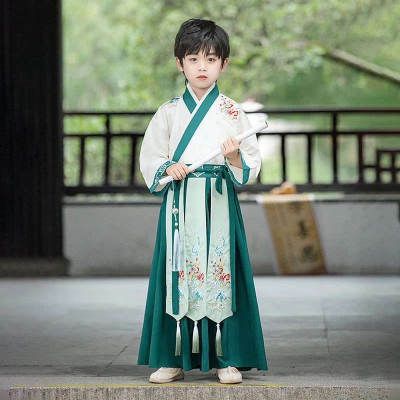 Children's Green Dragon Embroidery Costume Tang Suit Chinese Traditional Improved Boy Hanfu