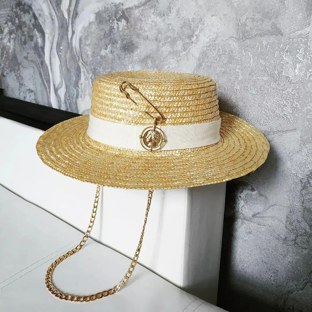 2023 Summer sun hat Lafite grass French straw hat Women\'s chain decorated straw hat Holiday Sun hat Punk style  beach