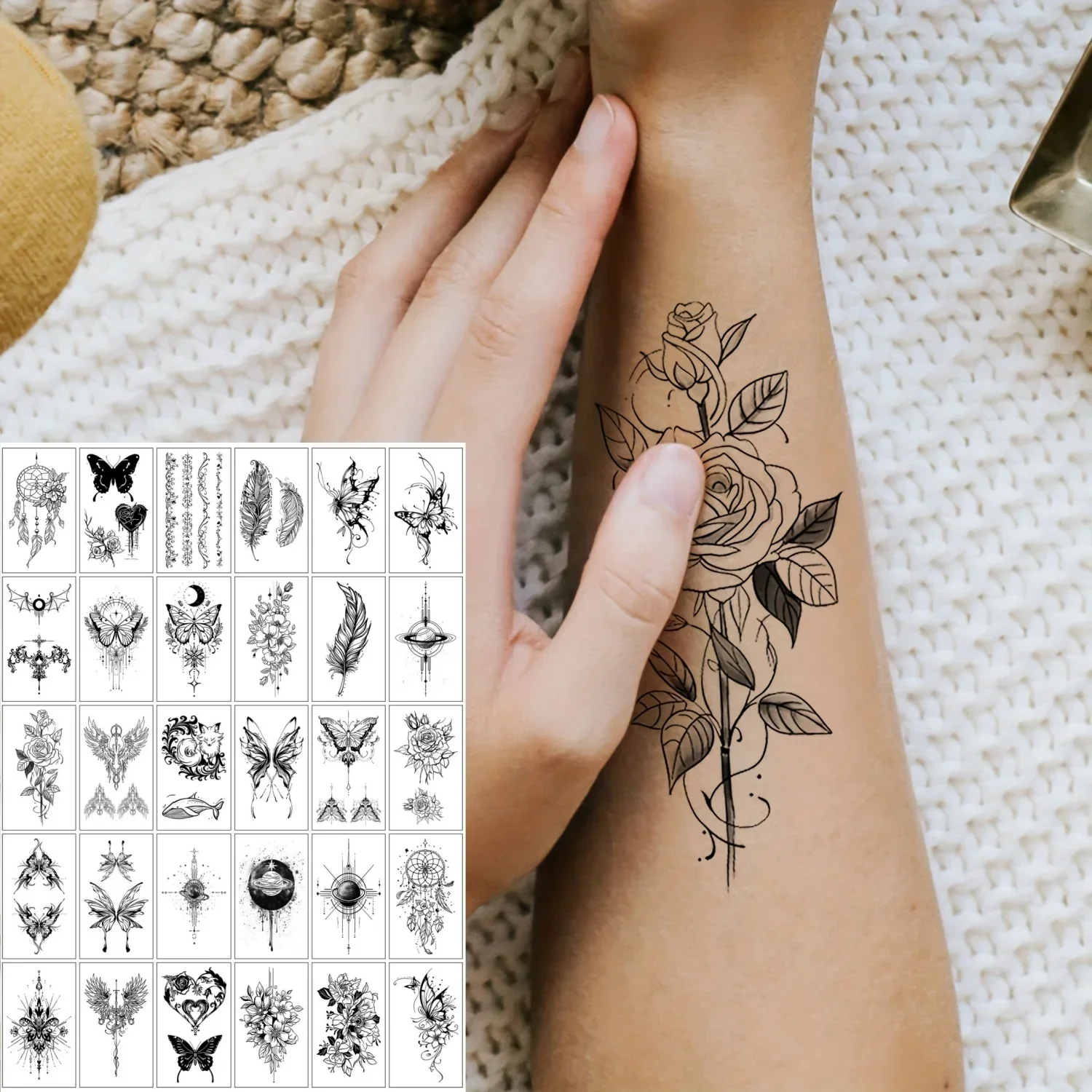 30pcs/pack Women Black Temporary Tattoos Feather Flower Butterfly Fox Moon Sexy Tattoos Sticker for Arm Hand Body Party Favors