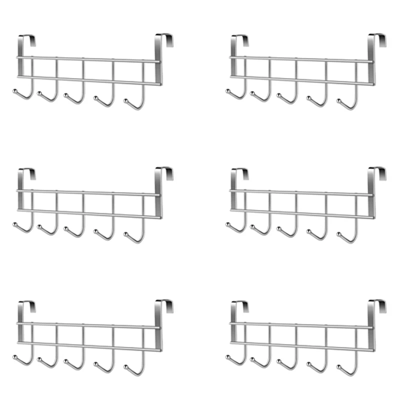 

6X Over The Door 5 Hooks Home Bathroom Organizer Rack Clothes Coat Hat Towel Hanger Stainless Steel Good Load-Bearing