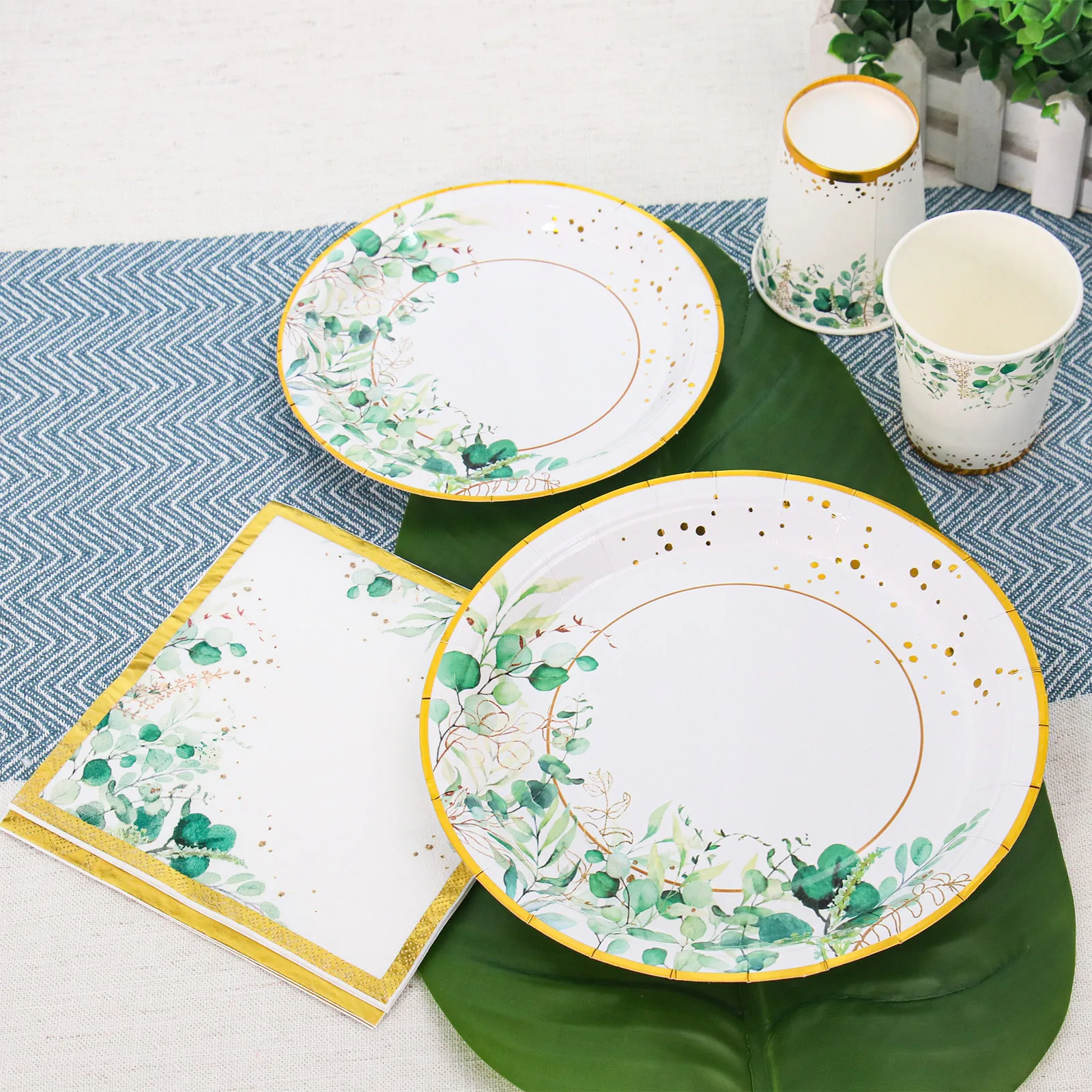 Sage Green Leaves Disposable Tableware Gold Edge Paper Plate Cup Napkins Wedding Decor Birthday Hawaiian Party Decoration