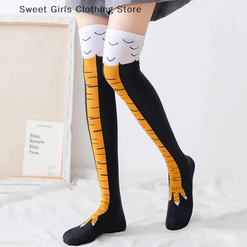 ตลกไก่ Paws ฟุตถุงเท้าผู้หญิงกว่าเข่าถุงเท้ายาวการ์ตูนผ้าฝ้ายไก่ขา Claw สุภาพสตรี 3D พิมพ์ต้นขาสูงถุงเท้า
