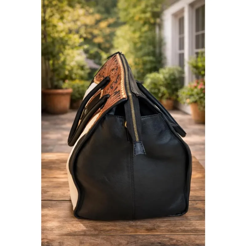 Western Hair Handmade Design on Cowhide Leather Travel Duffel Bag - Vintage Weekend Shoulder Bag