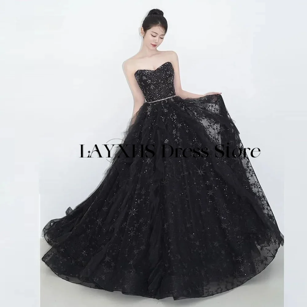 Perles noires Tulle robes de soirée de mariage une ligne corée séance Photo robe de bal paillettes robe de soirée scintillante personnalisée ̄tzotzo