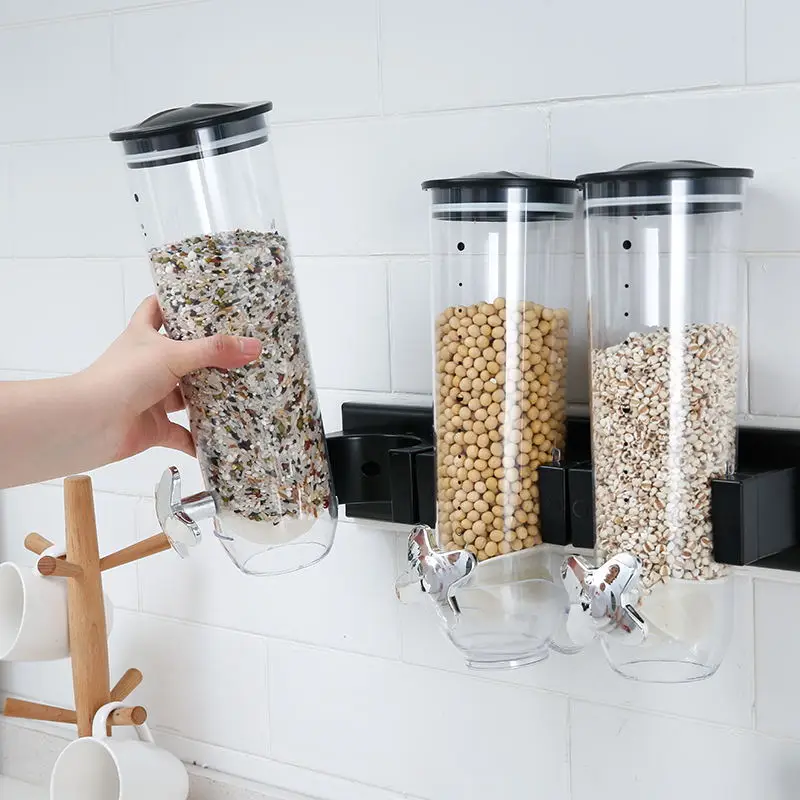 Kitchen Wall Mounted Dry Food Cereal Dispenser Grains Sealed Storage Tank Multiple-Use Airtight Clear Design Storage Dry Food