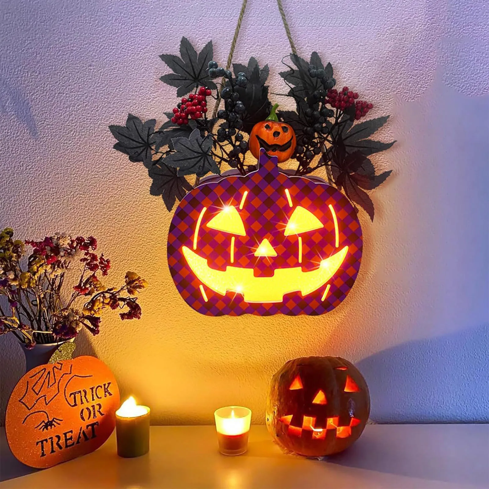 Luces de Squashes para decoración de Halloween, farol grande iluminado de 9 pulgadas con Hojas de arce y bayas, 1 pequeño Squashe, 2024
