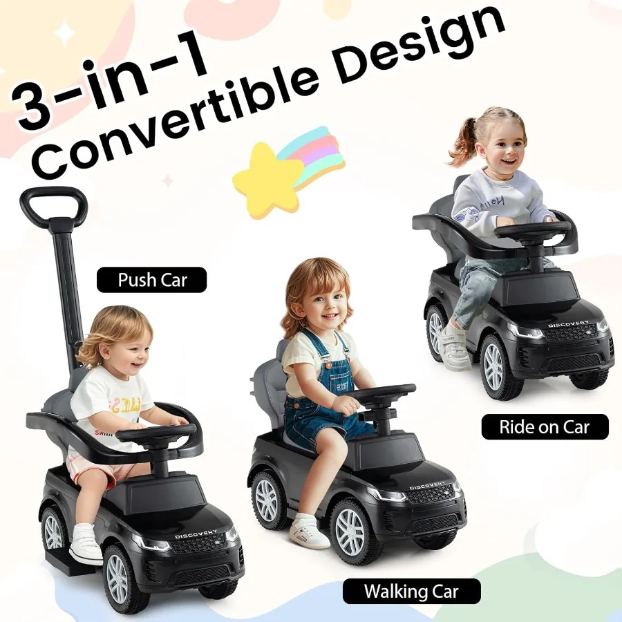 Coche Ride On Push para niños pequeños Land Rover con licencia, coche deslizante con asa y pasamanos, música y luces debajo del asiento Storag
