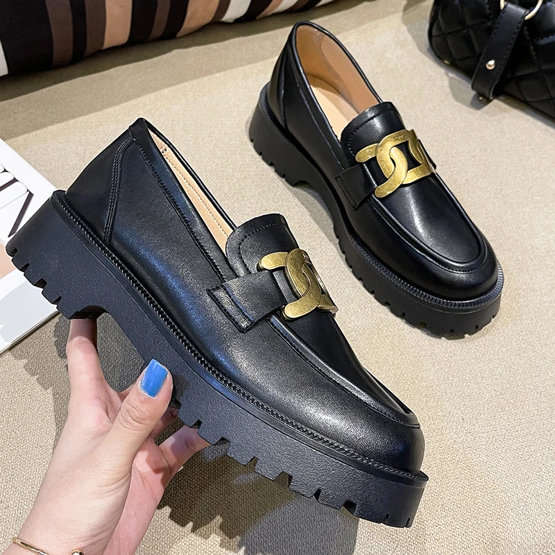 Women Shoes Loafers Spring Genuine Leather British Style Platform Mixed Color Women Shoes Large Size 41 42 Horsebit Shoes Ladies