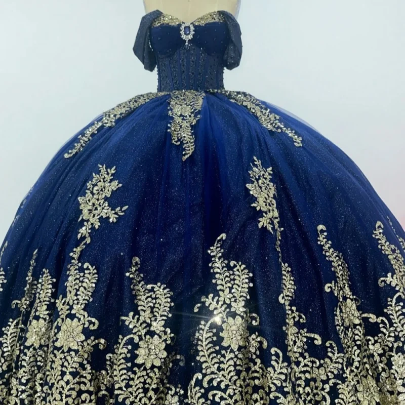 

Customized Shiny dark blue Quinceanera Dresses Off the Shoulder decal Tull gold sequins Bow Long tail Vestido 15 Quinceanera