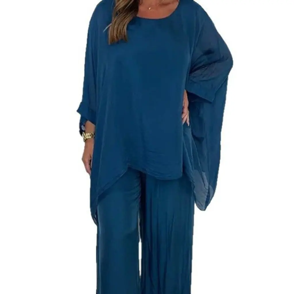 Summer Fashion Loose Chiffon Long-Sleeved Top And Wide-Leg Pants Casual Suit for Women European And American Style