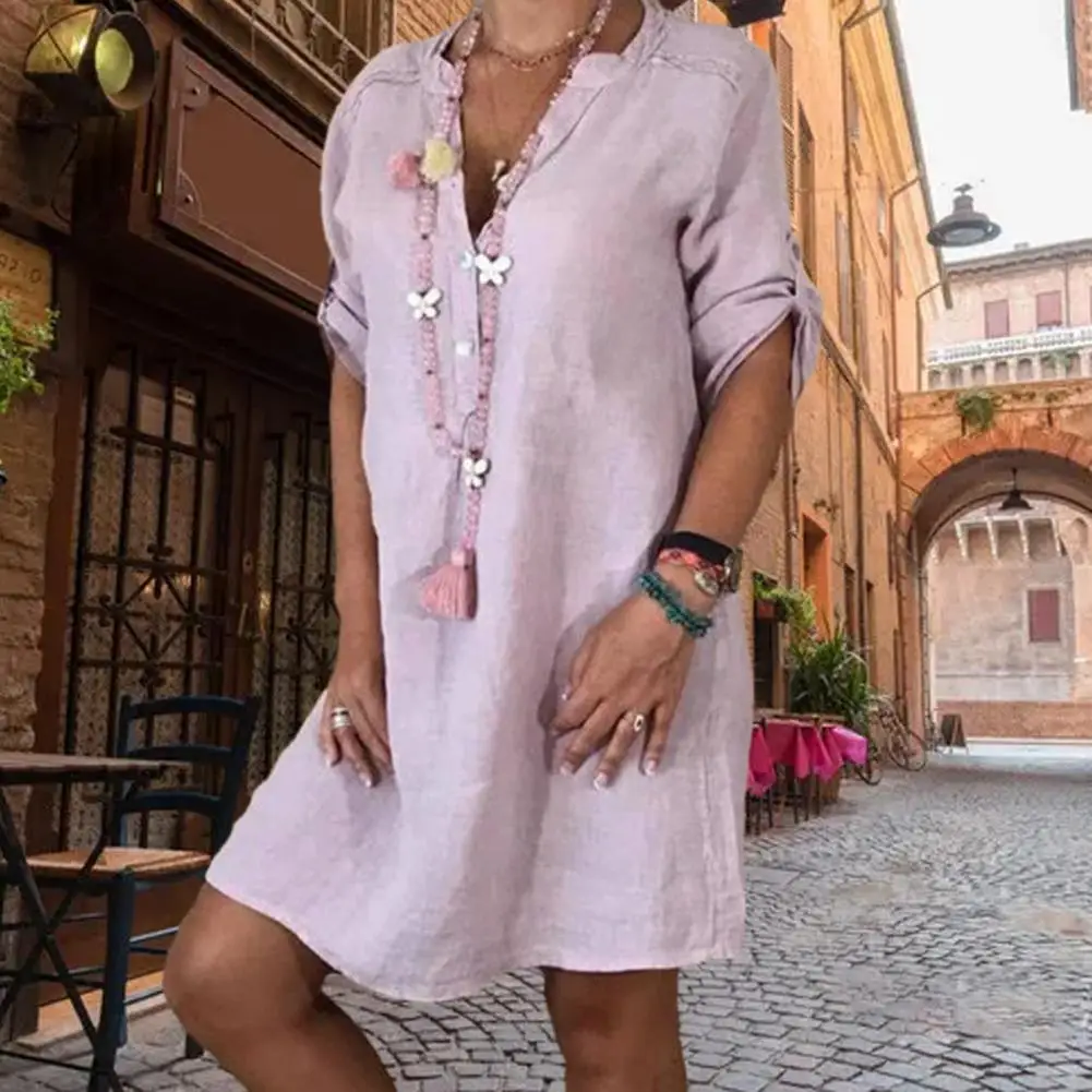 V-neck Buttons Half Placket Women Dress Roll-up Sleeve Thin Soft Solid Color Knee-length Retro Dress Daily Garment