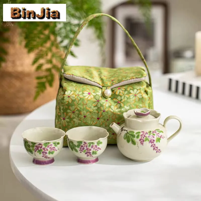 

Ручной нарисованный виноградный дорожный чайный сервиз, бутик, портативный набор сумок для хранения, 1 горшок, 2 чашки, сумки для приготовления чашек, подарки для рукоделия