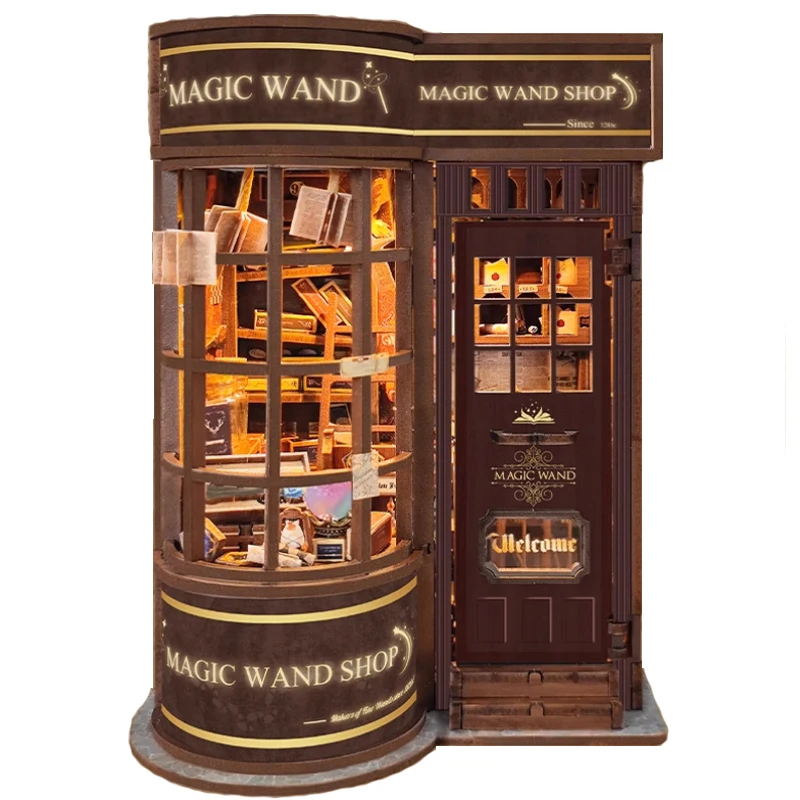 DIY ไม้ Magic Wand Shop Book Nook ชั้นวางใส่ Miniature ชุดชั้นวางหนังสือ Light Bookend สําหรับของขวัญวันเกิดเพื่อน
