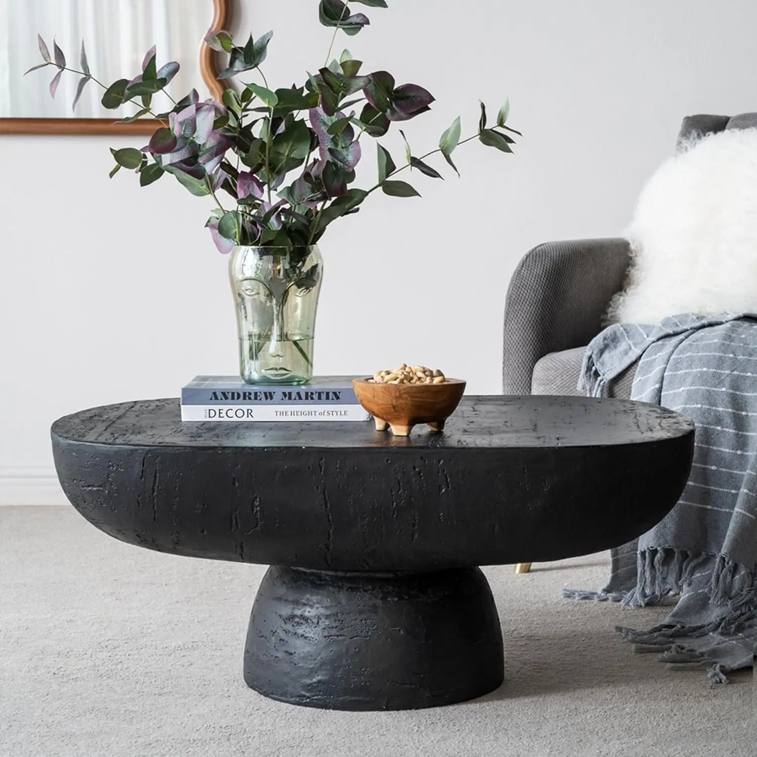 

Oval Faux Stone Coffee Table Modern Accent Center Side Living Room 36in Black MgO, Customized