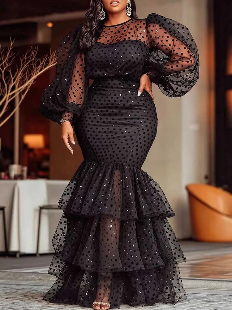 Vestidos sexy mulher reunindo empilhado ruched maxi sereia vestido dot malha puff manga longo vestido de festa preto plus size vestido gordinho