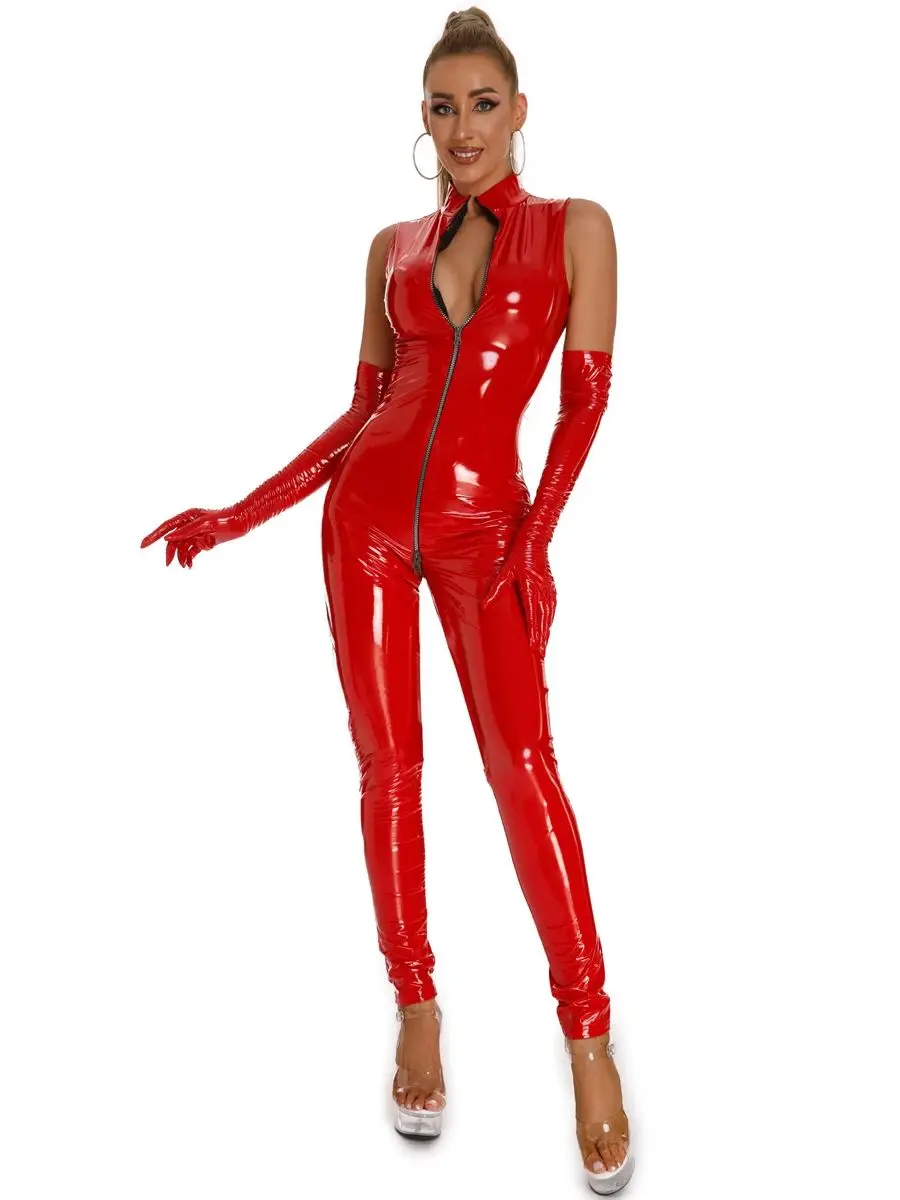 New Unisex Sleeveless Wet Look PVC Catsuit Shiny PU Leather Long Zipper Bodysuit Tights Hot Leotard Conjoined Jumpsuit Unitard view 2
