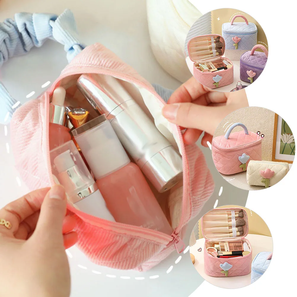 

2 Pcs Corduroy Bag Travel Makeuo Makeup Organizers Toiletry Container Case Storage The Flowers