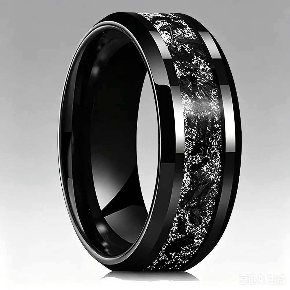 8mm schwarzer Titan-Chip-Inlay-Wolframcarbid-Ring, Verlobungs- und Eheringe für Männer und Frauen, abgeschrägter Modeschmuck, bequeme Passform – Detail 9