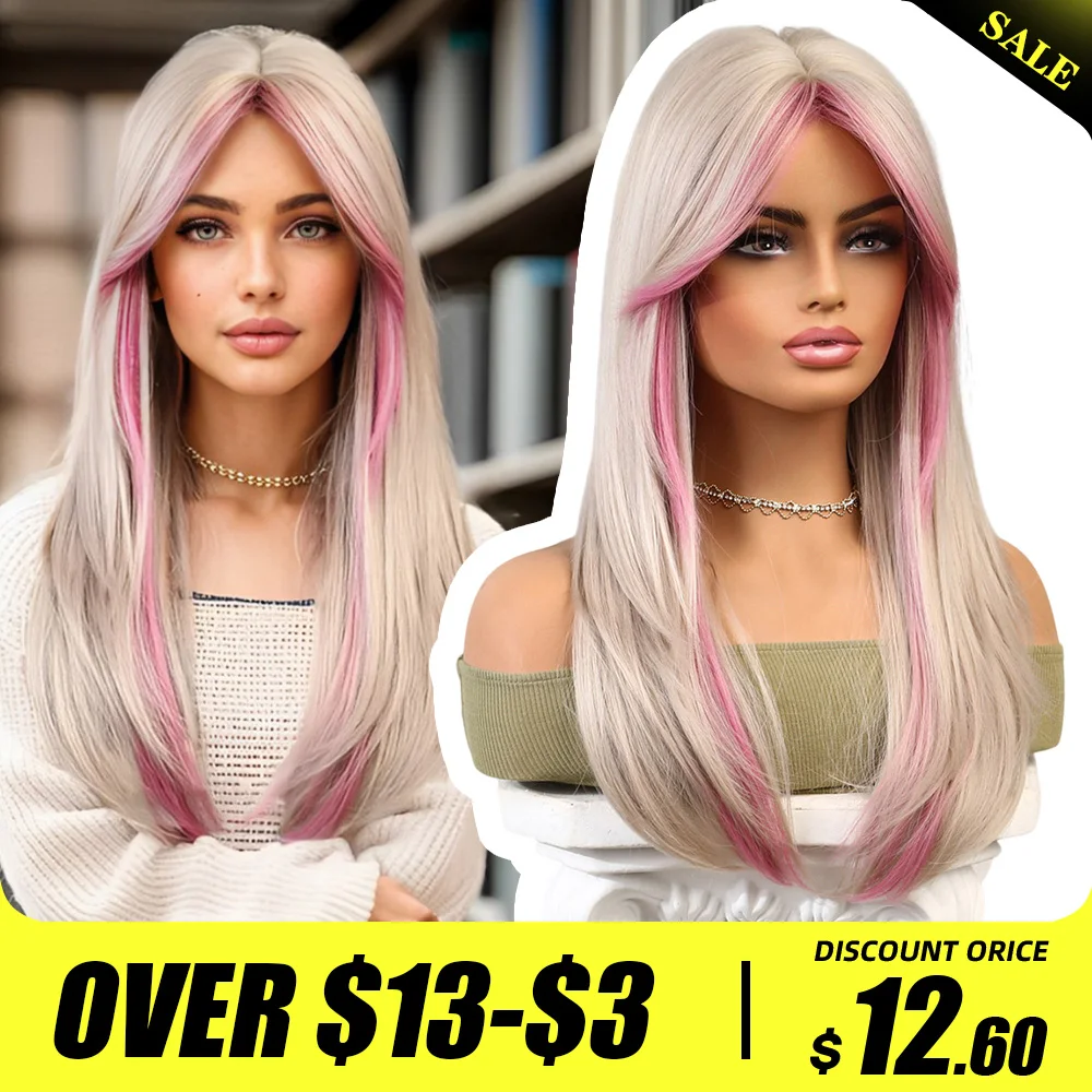 

oneNonly Long Pink Blonde Wig White Hair Wigs for Women Synthetic Wig High Quality Lolita Cosplay Party Wigs