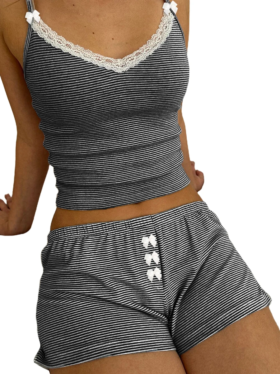 

Women Striped Pajama Set Lace Trim V-neck Sleeveless Slim Camisole with Bow Shorts Comfy Cozy Sleepwear Loungewear for Female