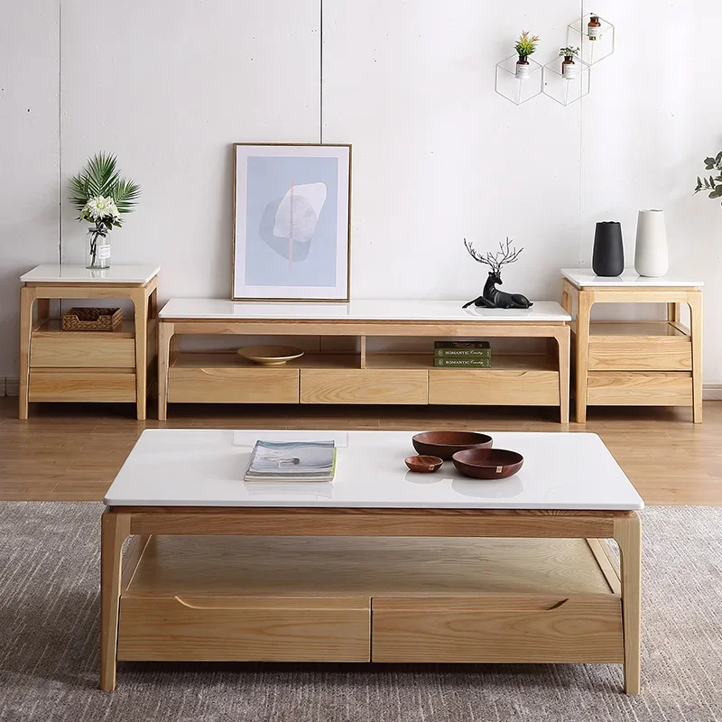 

Nordic marble coffee table, log color small apartment living room furniture pure solid wood fire stone floor cabinet, simple a
