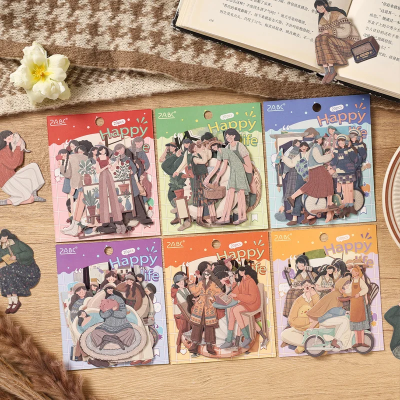 20Pcs Relaxing Girl Kraft Paper Decor Stickers, Cozy Daily Scene Stickers for Journal Planner Album DIY Projects