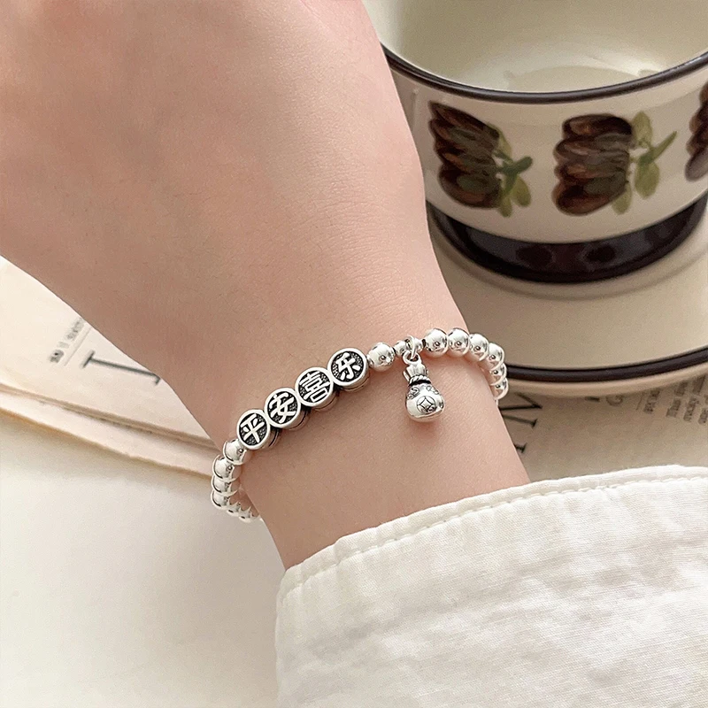 S925 Sterling Silver Ping An Joyful Bracelet for Female Minority Light Luxury Fashion Retro Ins Style Design Feel Handicraft