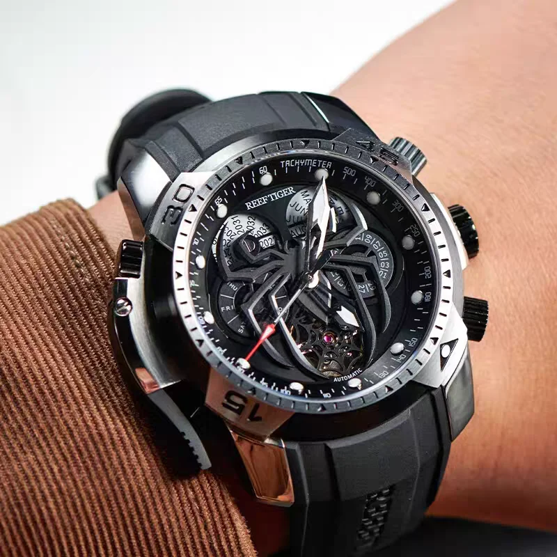 Reef Tiger Men Automatic Watch 46MM Mechanical Wristwatch Luminous Waterproof Sapphire Year Month Week Date Skeleton Spider Dial