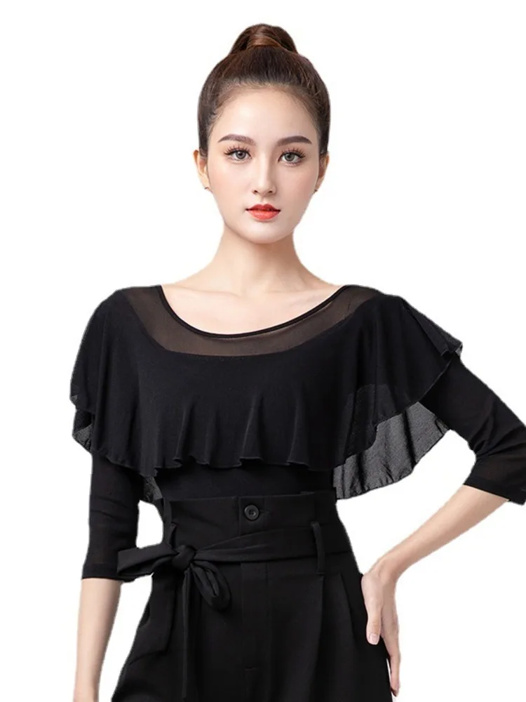 المرأة اللاتينية الرقص ارتداءها شبكة المرقعة انتفض الأكمام سليم صالح السالسا التانغو قميص تمتد تنفس الأداء ممارسة أعلى