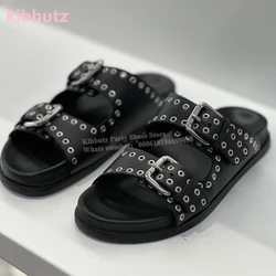 Belt Buckle Rivet Slippers Flat With Solid Color Fashion One Strap Round Toe Sandals Party Dress Concise Shoes for Women Summer