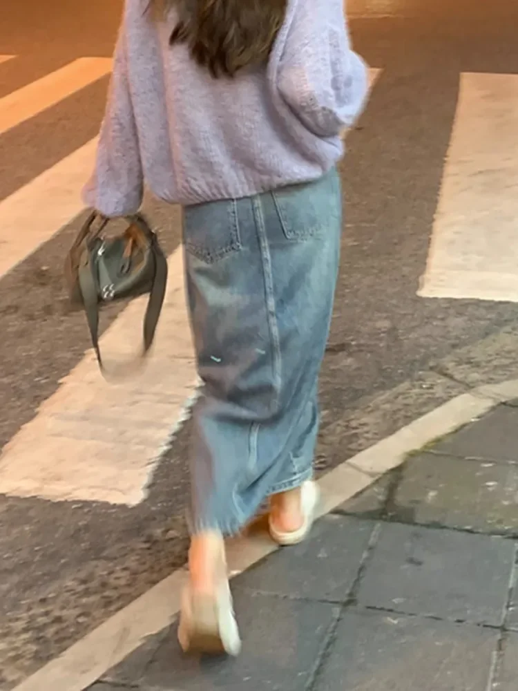 Y2K Streetwear Denim jupe femmes 2025 nouveau printemps été Design fendu longue robe taille haute grande taille minceur a-ligne jupe