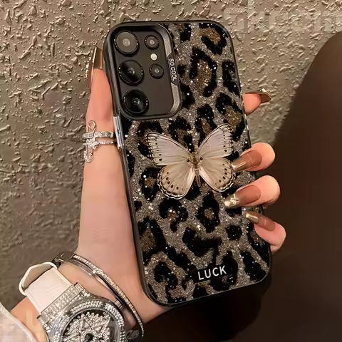 Luxury Butterfly Leopard Print Phone Case For Samsung Galaxy S25 Ultra S24 Plus S23 S22 S21 S20 FE A15 A34 A35 A53 A54 A55 Cover
