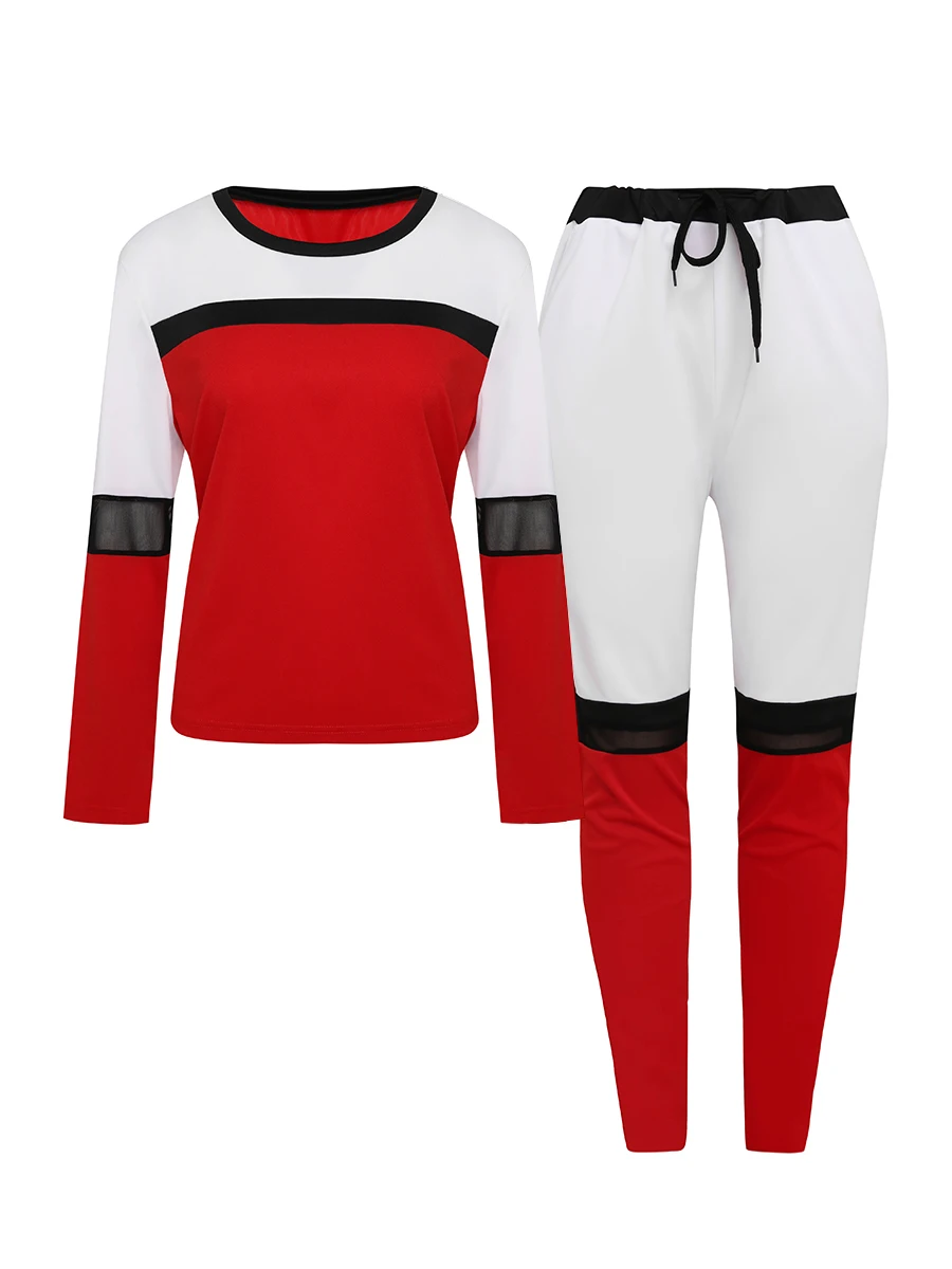 LW Plus Size Women Two Piece Color-lump Tracksuit Pants Set Patchwork Sporty Long Sleeve Conventional Collar Autumn Outfits