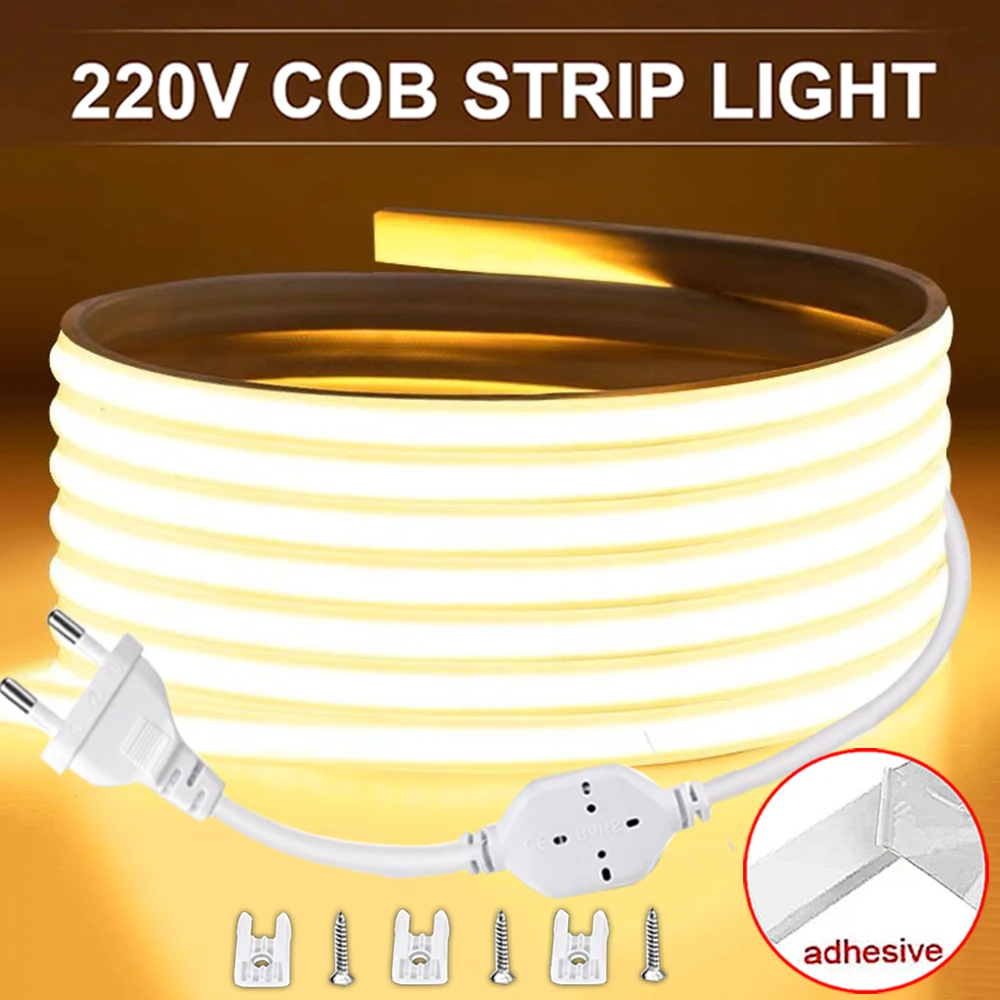 High Brightness LED Strip Light 220V Waterproof Cob LED Strip EU Power Plug Flexible Ribbon Tape for Home Room Outdoor Decor