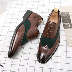 New Genuine Leather Bullock Luxury Brand Men Casual Designer Carved Pointed Toe Mens Italian Wedding Business Office Dress Shoes