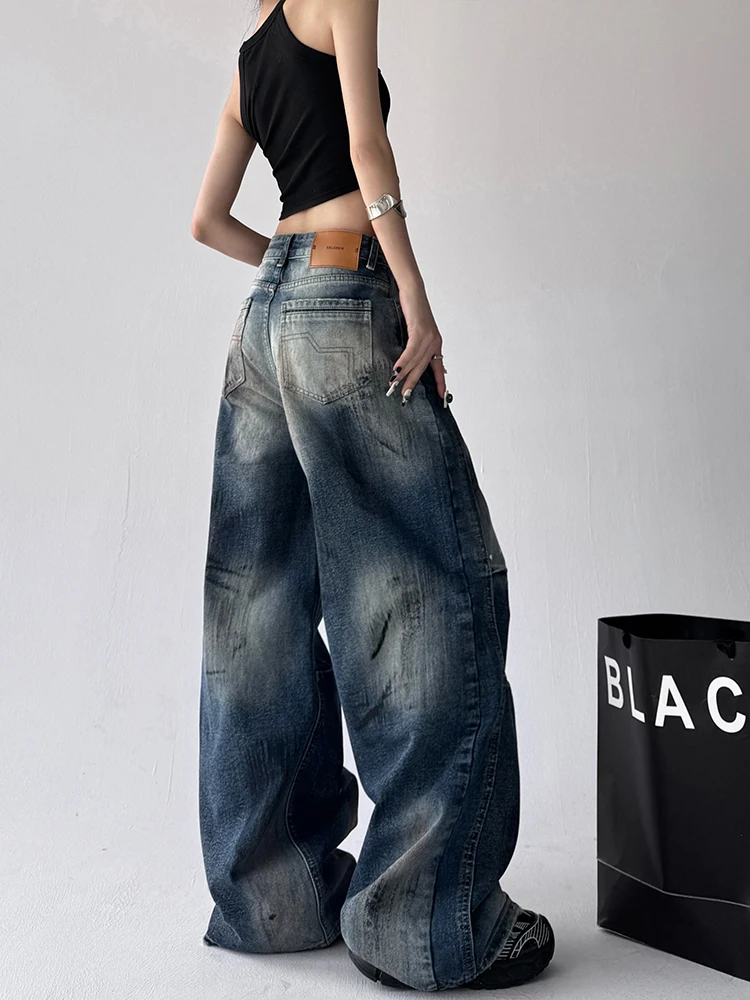 러스틱 와이드 레그 데님 진 여성용 하이웨이스트 루즈 스트레이트 컷 봄 가을 신상 슬레 코튼 엘라스틱 원단