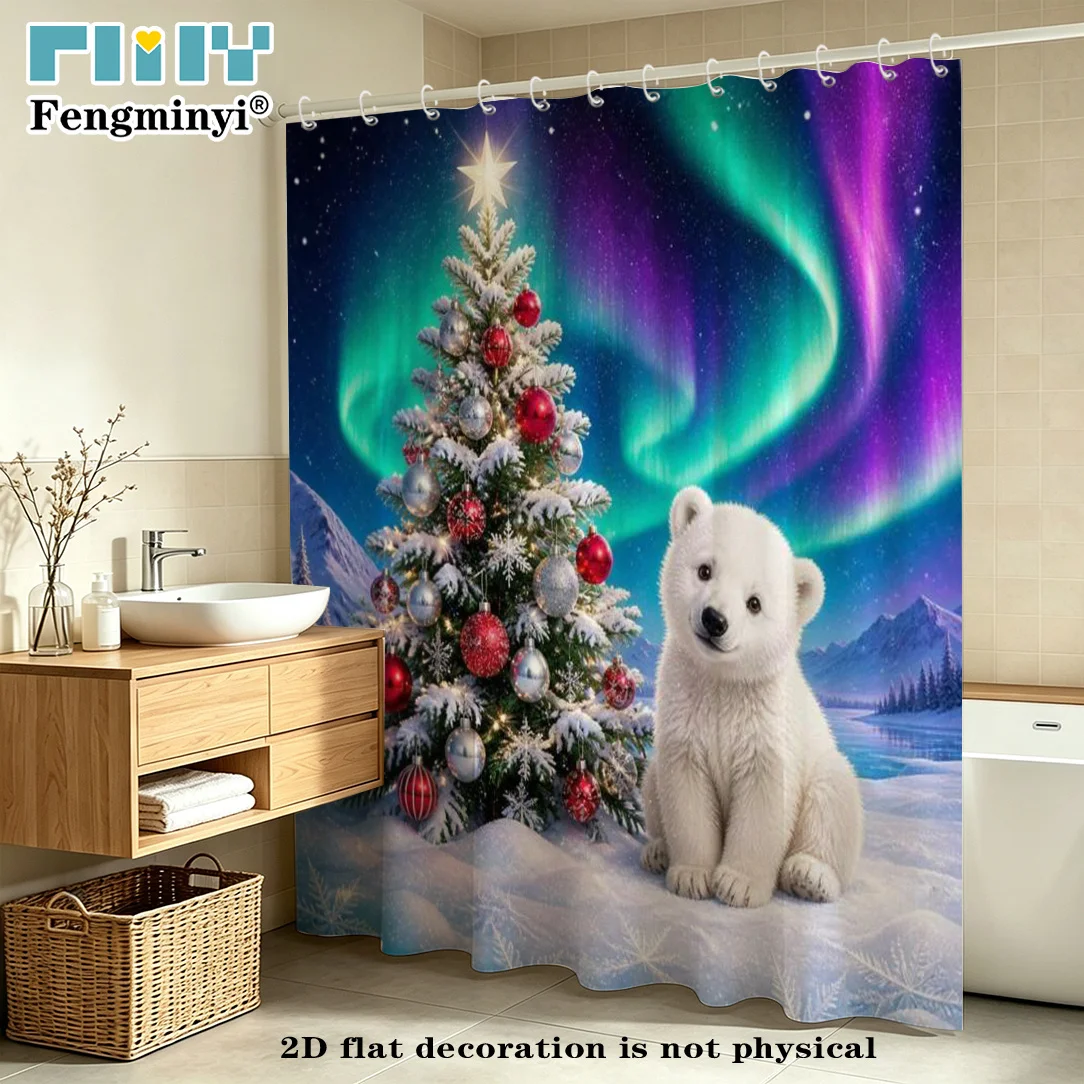 Cute Polar Bear Shower Curtain, Christmas Tree & Aurora Print, Winter Night Snowy Landscape, Waterproof Bathroom Decor