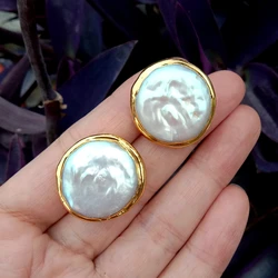 Y·YING Cultured White Coin Pearl 25mm Big Stud Earrings Wedding Jewelry