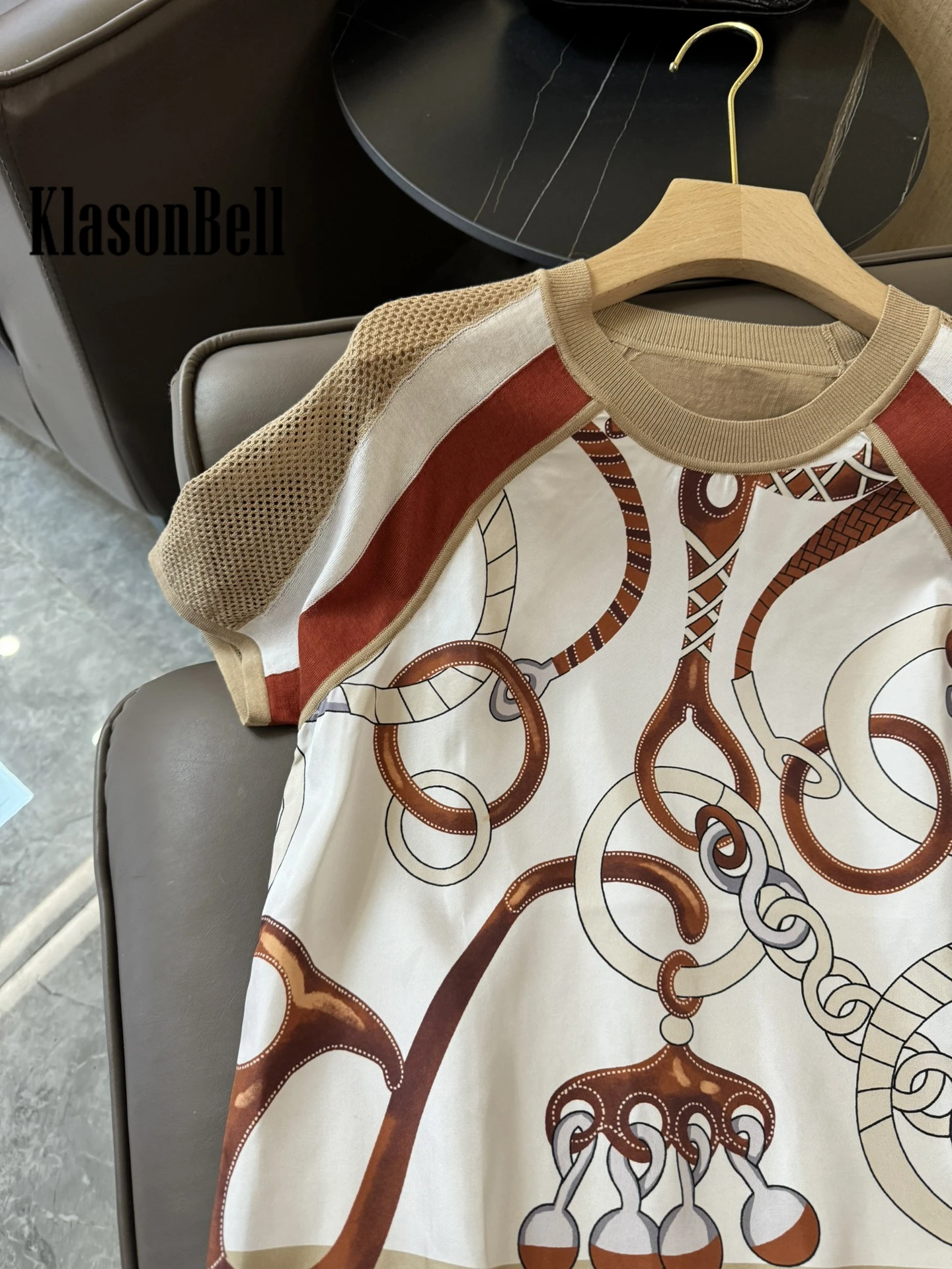 2.27 KlasonBell 2024 New Simple Comfortable Women Clothes Silk Chain Print Spliced Hollow Out Knit Cotton Short Sleeve T-Shirt