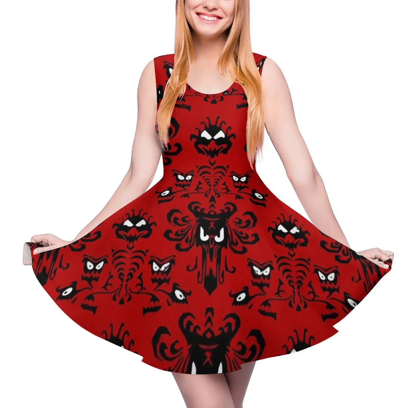 Red Haunted Mansion Dress Retro Print Beach Dresses High Waist Casual Oversize Skate Dress Women Design Clothes