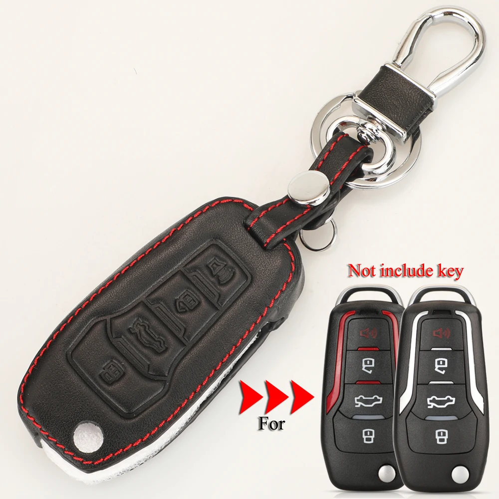 jingyuqin Leather Case Cover For Ford Escape F 150 Explorer 2001-2007 4 Buttons Folding Remote Car Key Protector With Key Chain