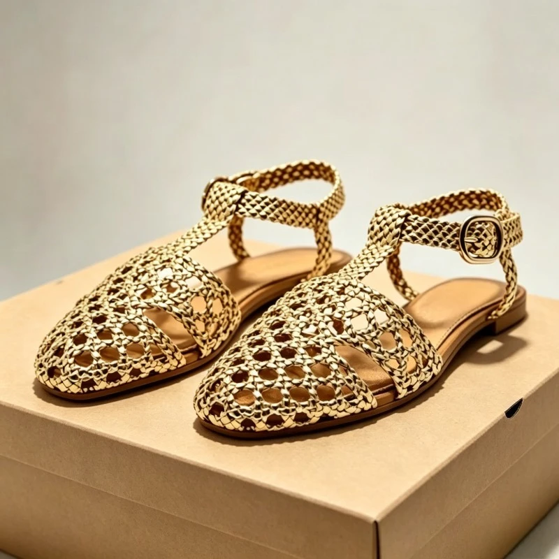 Woven Cage Gladiator Sandals Women Summer 2026 T-tied Metal Buckle Details Comfort Gold Breathable Round Toe Beach Flat Women