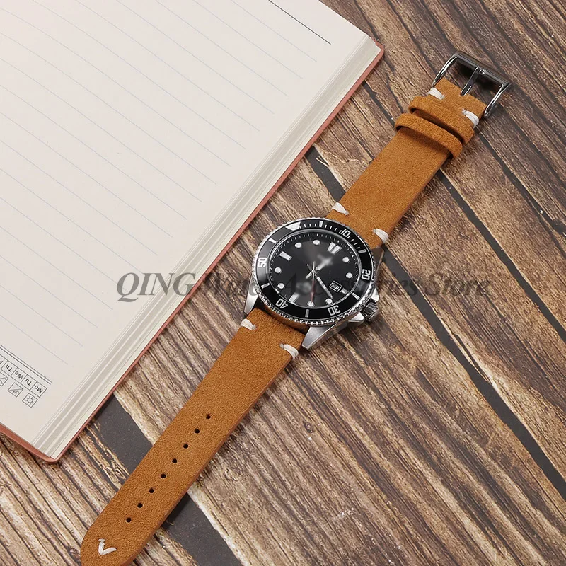 Suede Stitching Genuine Leather Watch Band 18mm 20mm 22mm Quick Release Vintage Bracelet Blue Brown Watch Strap Replacement