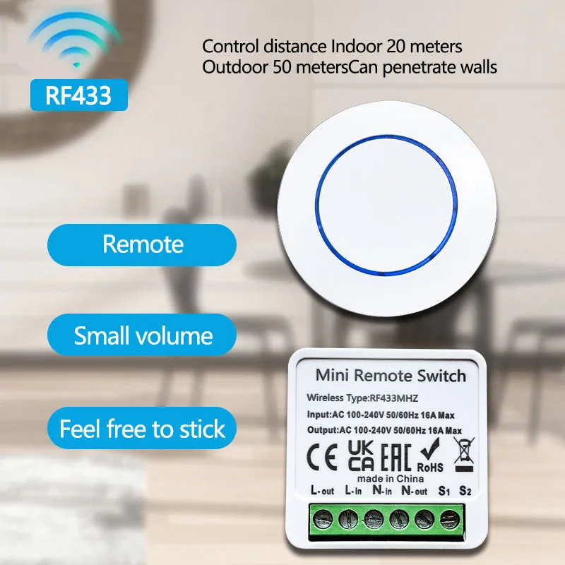 무선 433MHz 리모컨 스위치 미니 원형 버튼 패널 스위치 16A 릴레이 수신기 모듈 100-240V LED 램프 DIY 홈 오토