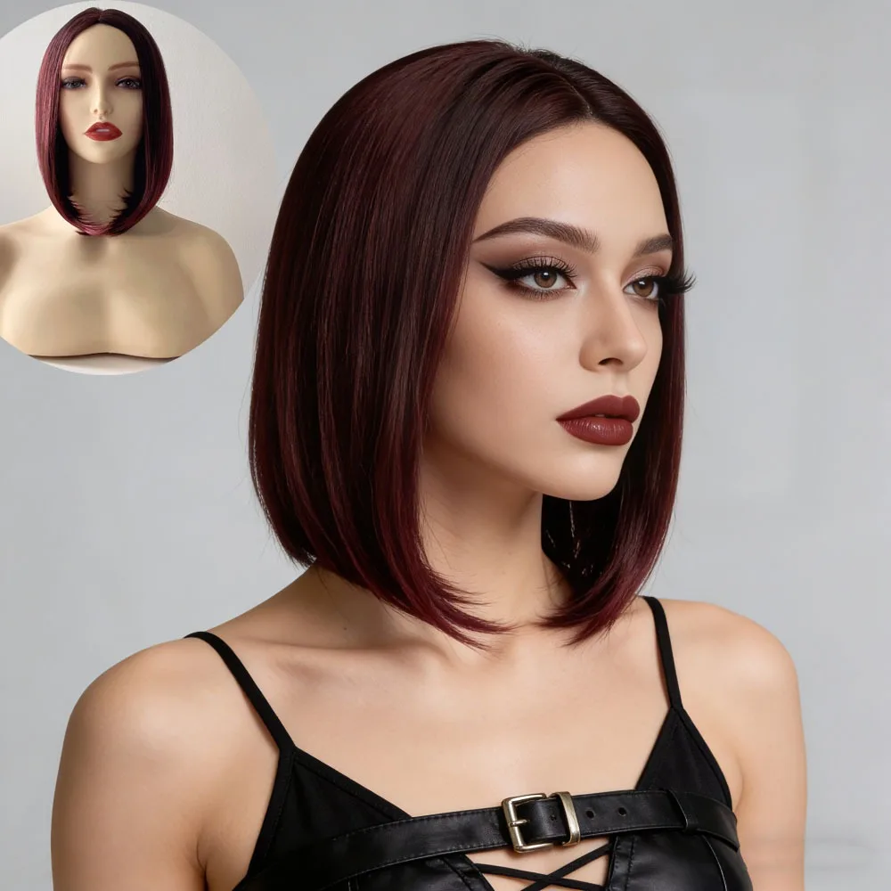 Medium Bobo Wig Women with Short Straight Hair Black Gradient Wine Red Wavy Head Synthetic Mechanism Cover Daily Use