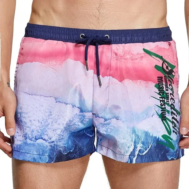 Printed Beach Board Shorts for Men Leisure Pockets Sports Boxer Shorts Teenager Quick Drying Summer Seaside Beachwear Home Wear
